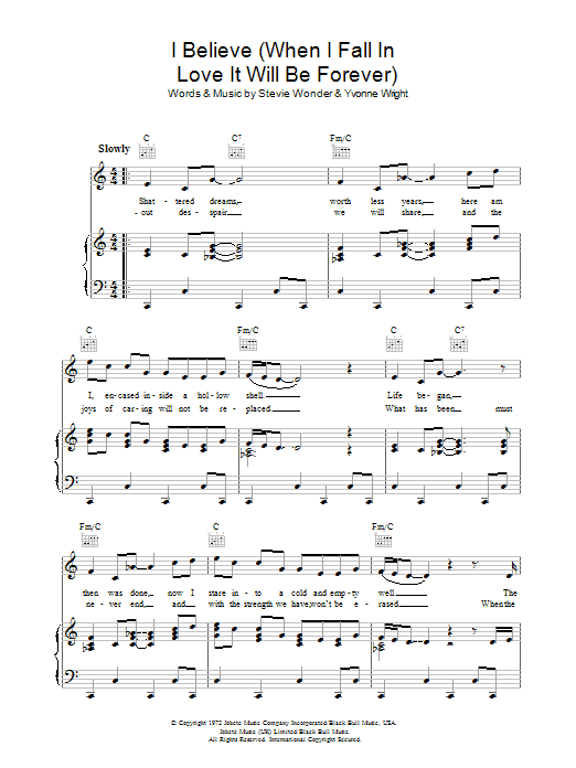 Stevie Wonder I Believe (When I Fall In Love It Will Be Forever) Sheet Music Notes & Chords for Piano, Vocal & Guitar (Right-Hand Melody) - Download or Print PDF