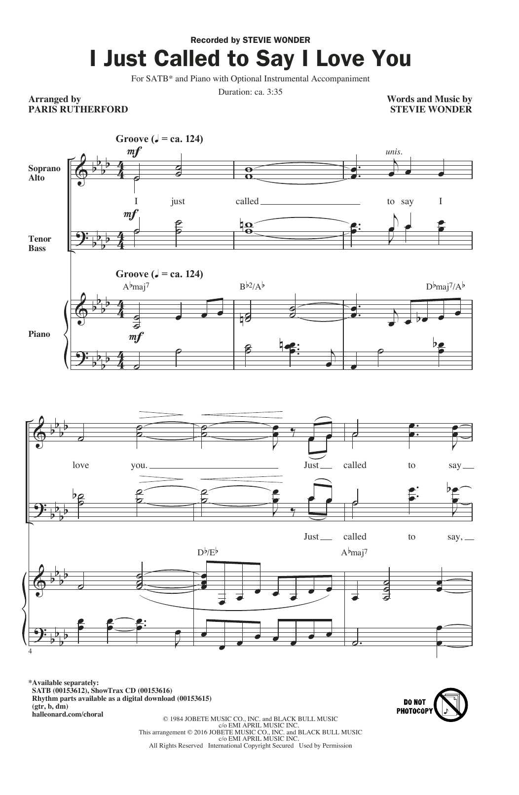 Stevie Wonder I Just Called To Say I Love You (arr. Paris Rutherford) Sheet Music Notes & Chords for SATB - Download or Print PDF