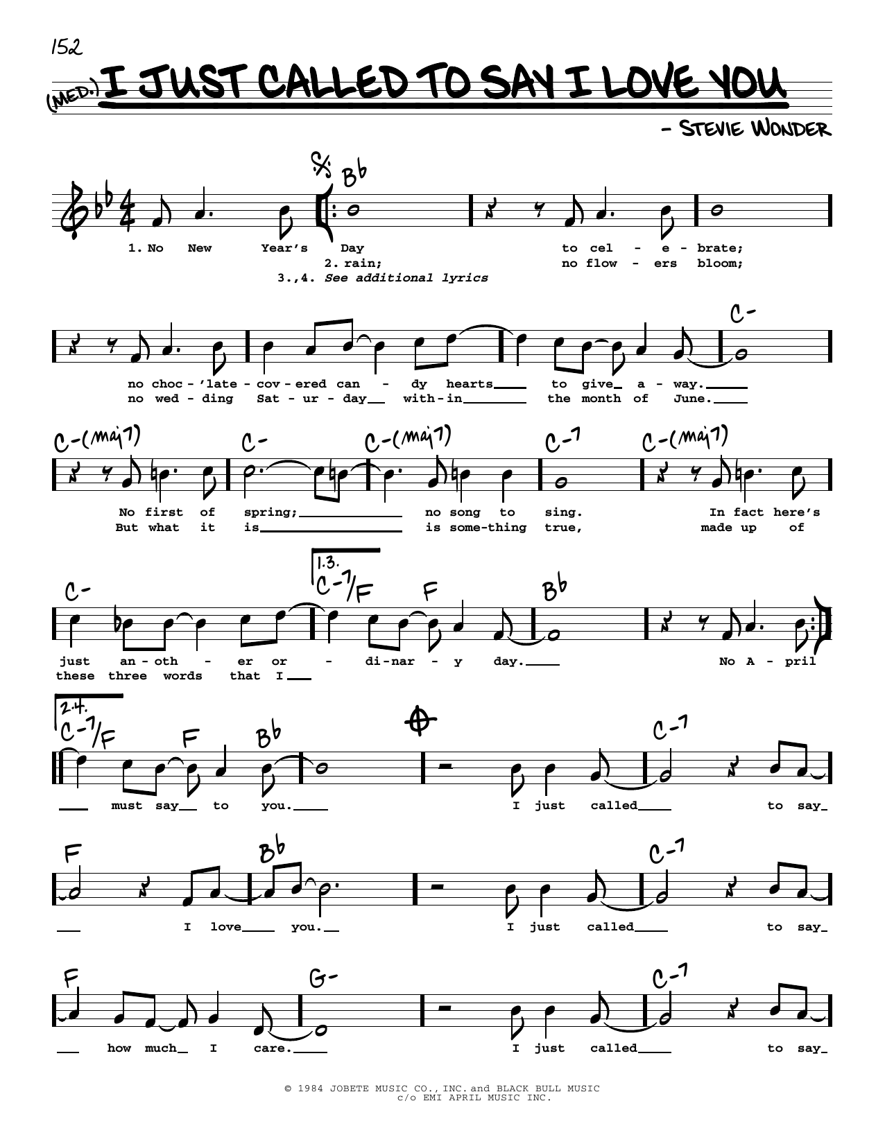 Stevie Wonder I Just Called To Say I Love You (High Voice) Sheet Music Notes & Chords for Real Book – Melody, Lyrics & Chords - Download or Print PDF