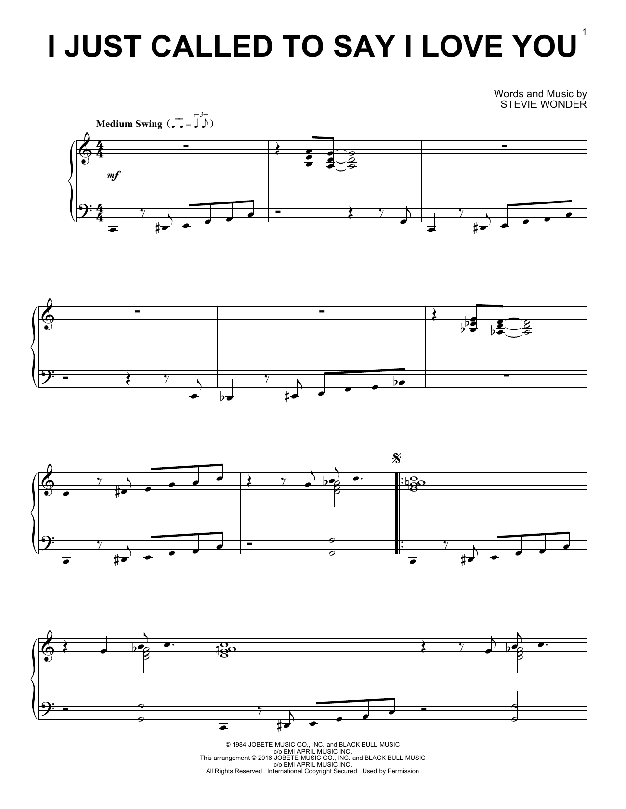 Stevie Wonder I Just Called To Say I Love You [Jazz version] Sheet Music Notes & Chords for Piano - Download or Print PDF