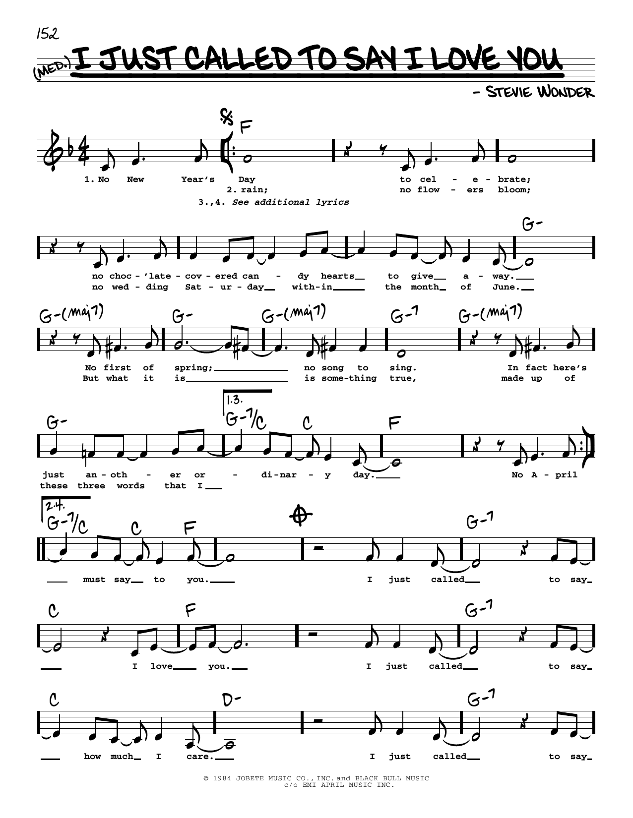 Stevie Wonder I Just Called To Say I Love You (Low Voice) Sheet Music Notes & Chords for Real Book – Melody, Lyrics & Chords - Download or Print PDF