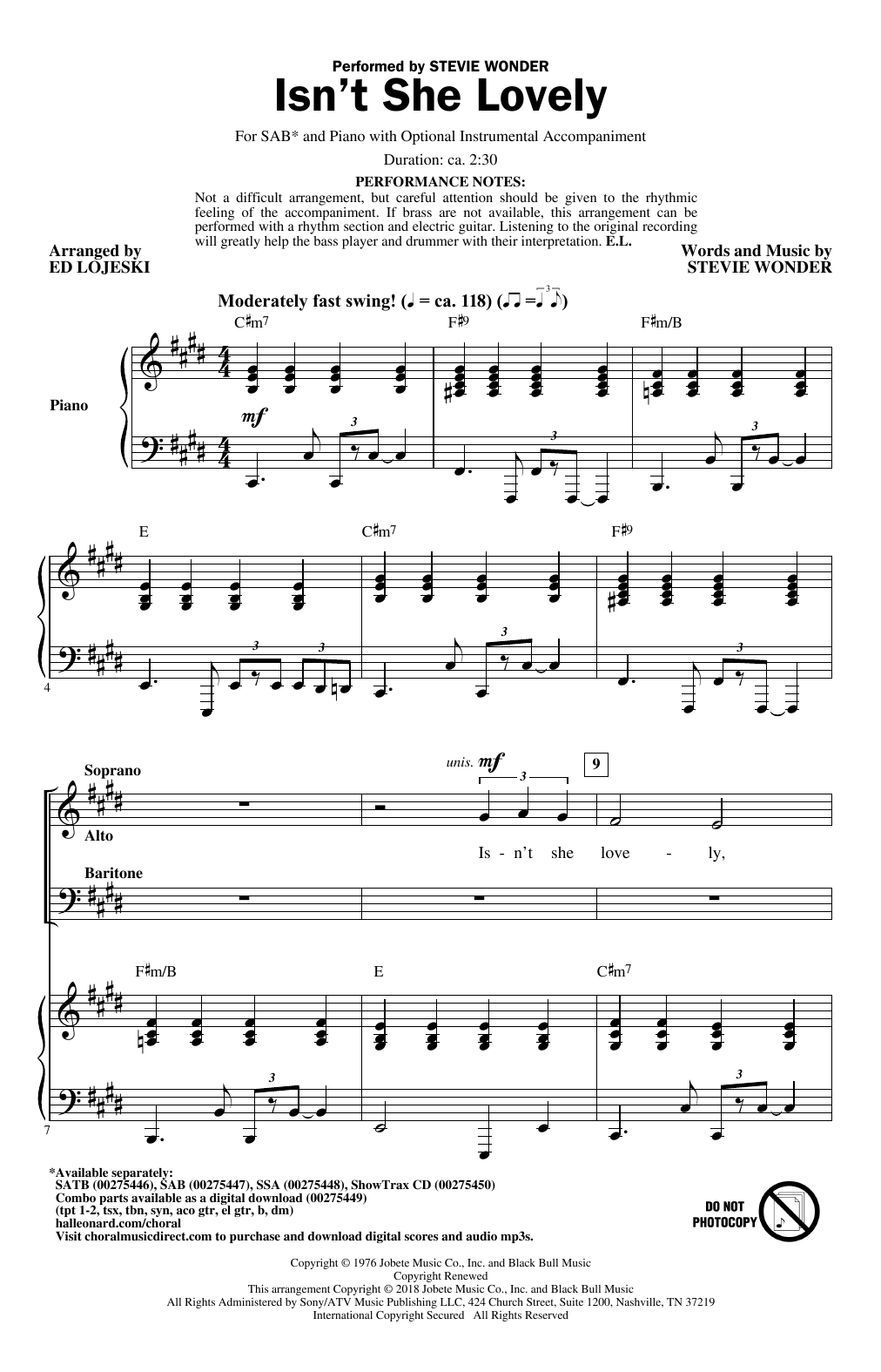 Stevie Wonder Isn't She Lovely (arr. Ed Lojeski) Sheet Music Notes & Chords for SATB - Download or Print PDF