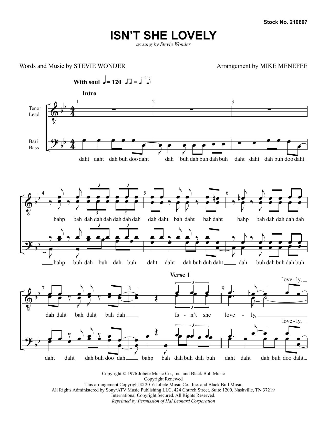 Stevie Wonder Isn't She Lovely (arr. Mike Menefee) Sheet Music Notes & Chords for TTBB Choir - Download or Print PDF