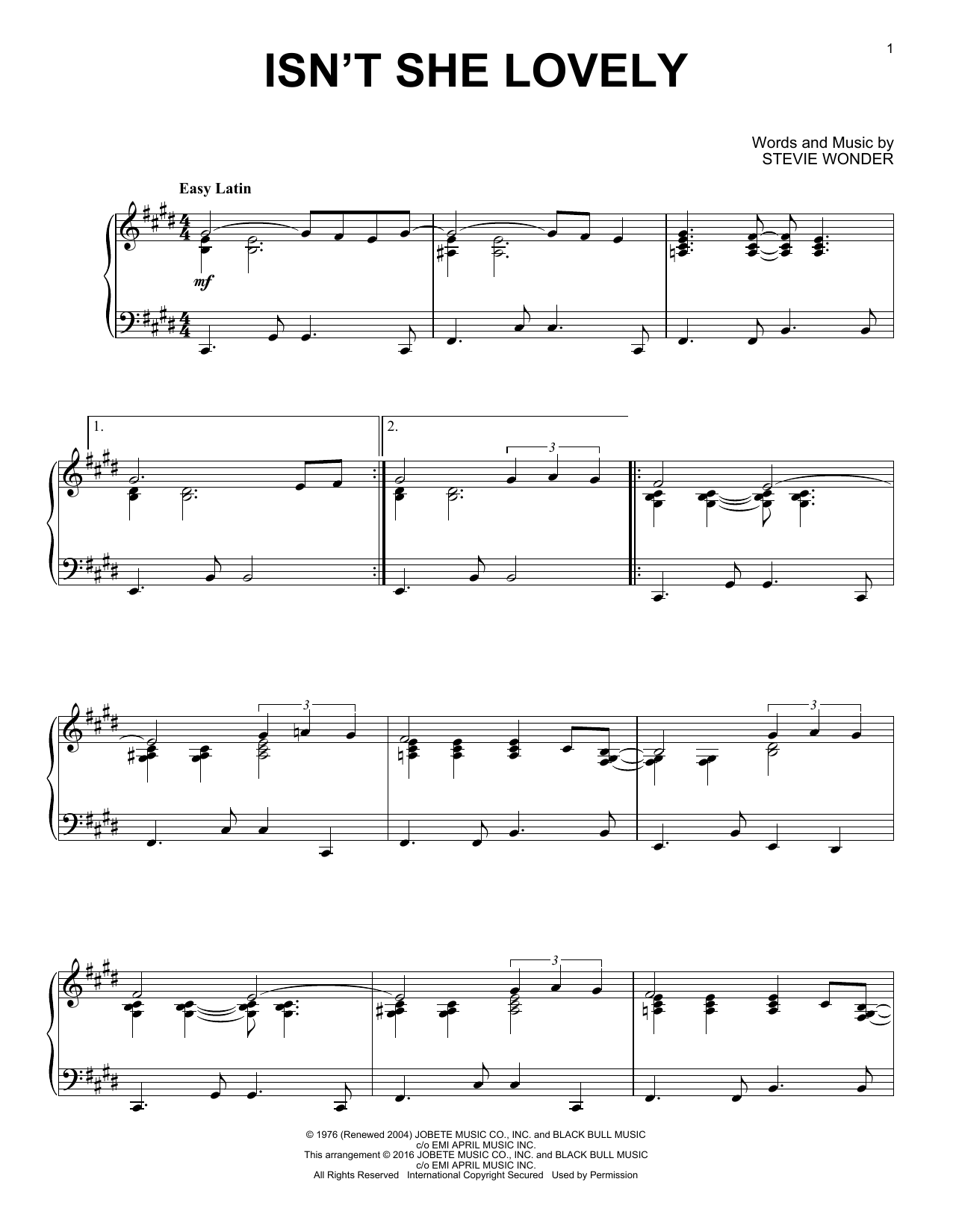 Stevie Wonder Isn't She Lovely [Jazz version] Sheet Music Notes & Chords for Piano - Download or Print PDF