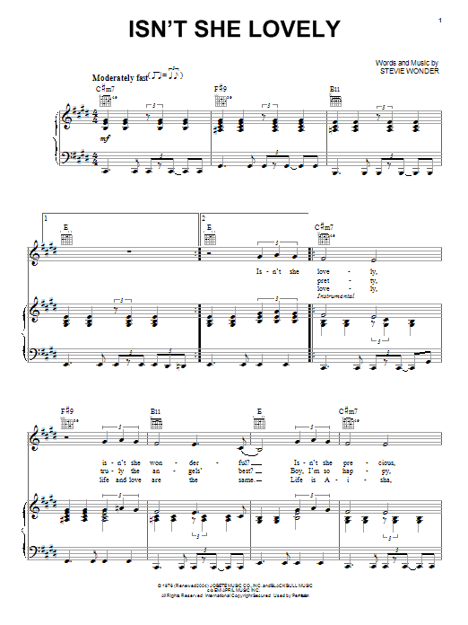 Stevie Wonder Isn't She Lovely Sheet Music Notes & Chords for Lyrics & Chords - Download or Print PDF