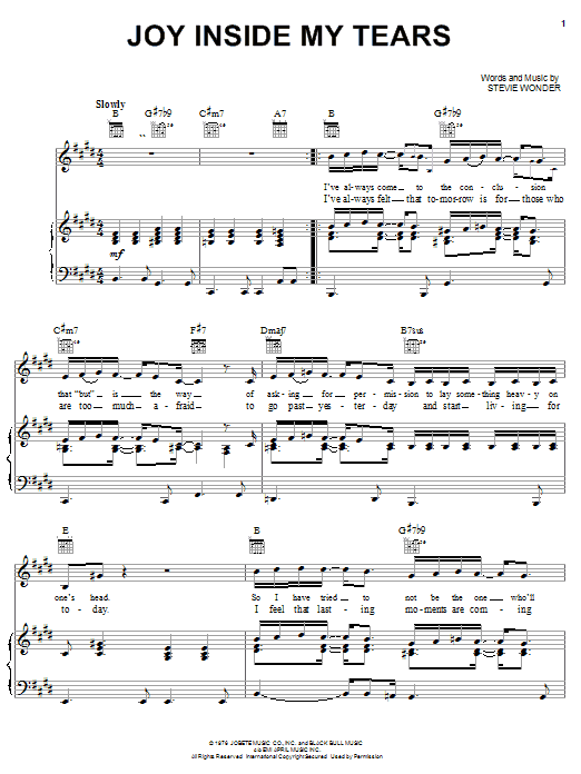 Stevie Wonder Joy Inside My Tears Sheet Music Notes & Chords for Piano, Vocal & Guitar (Right-Hand Melody) - Download or Print PDF