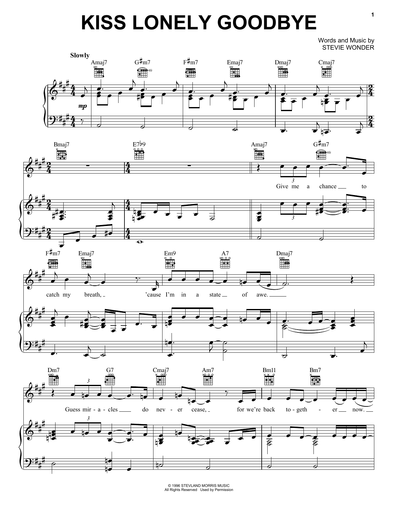 Stevie Wonder Kiss Lonely Goodbye Sheet Music Notes & Chords for Piano, Vocal & Guitar Chords (Right-Hand Melody) - Download or Print PDF