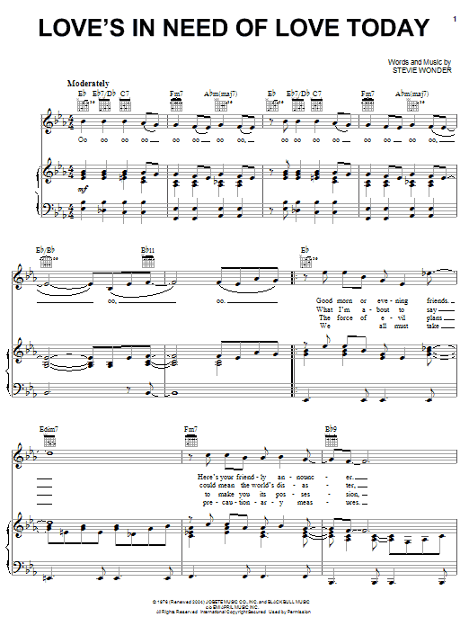 Stevie Wonder Love's In Need Of Love Today Sheet Music Notes & Chords for Piano, Vocal & Guitar (Right-Hand Melody) - Download or Print PDF