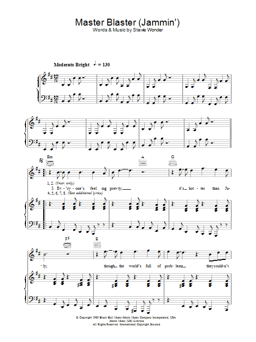Stevie Wonder Master Blaster (Jammin') Sheet Music Notes & Chords for Piano, Vocal & Guitar - Download or Print PDF