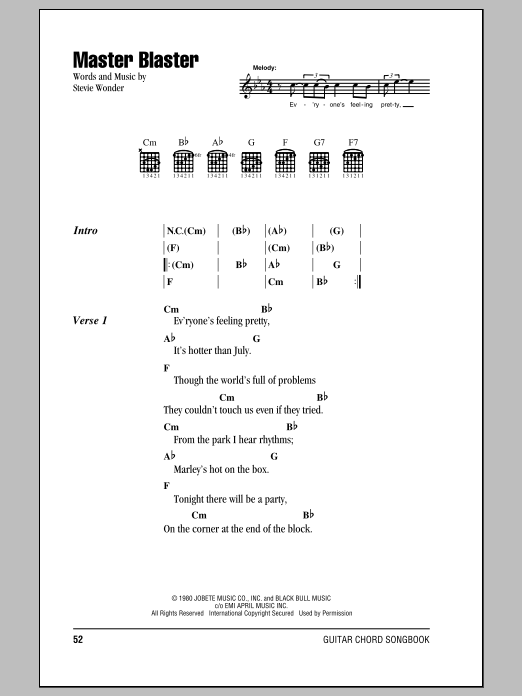 Stevie Wonder Master Blaster Sheet Music Notes & Chords for Piano, Vocal & Guitar Chords (Right-Hand Melody) - Download or Print PDF