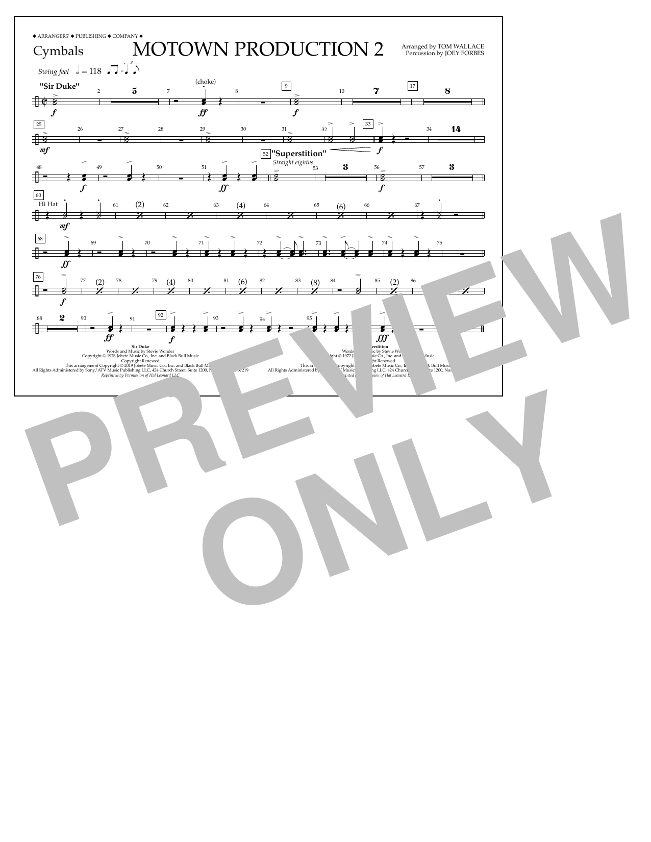 Stevie Wonder Motown Production 2 (arr. Tom Wallace) - Cymbals Sheet Music Notes & Chords for Marching Band - Download or Print PDF