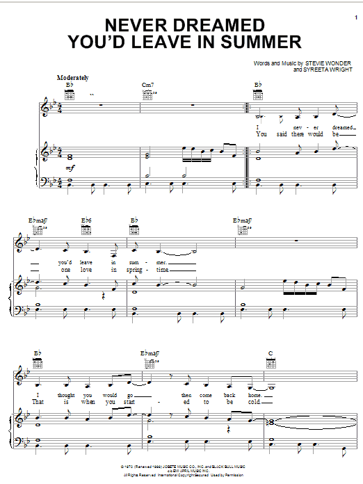 Stevie Wonder Never Dreamed You'd Leave In Summer Sheet Music Notes & Chords for Piano, Vocal & Guitar (Right-Hand Melody) - Download or Print PDF