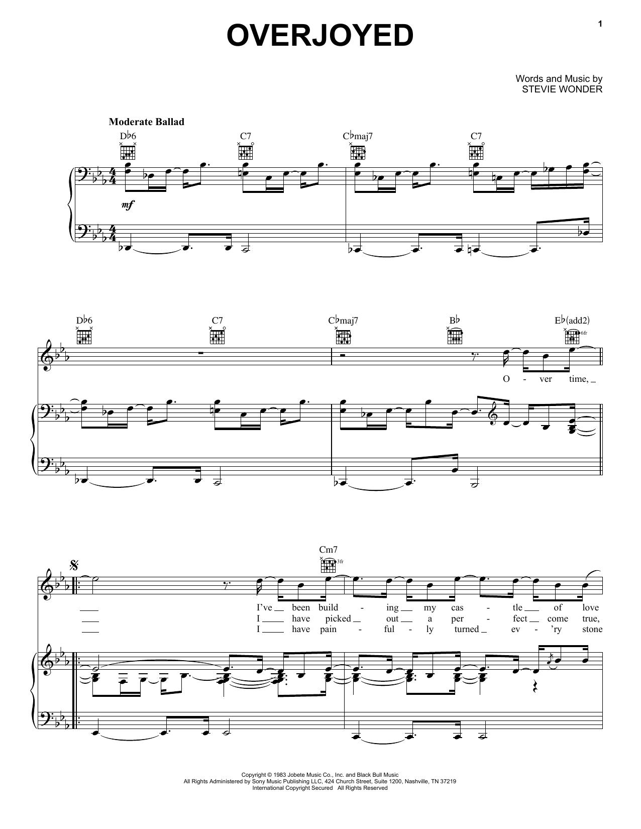 Stevie Wonder Overjoyed Sheet Music Notes & Chords for Piano, Vocal & Guitar (Right-Hand Melody) - Download or Print PDF