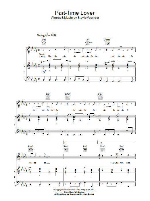 Stevie Wonder Part-Time Lover Sheet Music Notes & Chords for Piano, Vocal & Guitar - Download or Print PDF