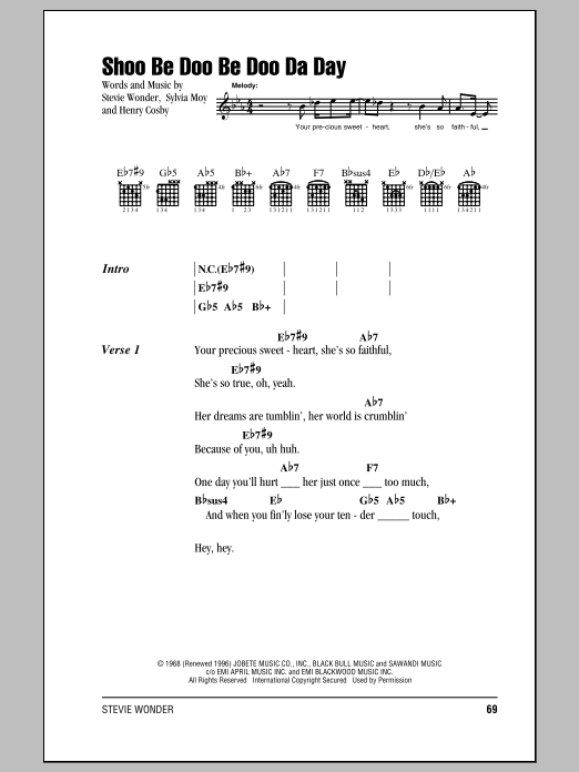 Stevie Wonder Shoo Be Doo Be Doo Da Day Sheet Music Notes & Chords for Piano, Vocal & Guitar Chords (Right-Hand Melody) - Download or Print PDF