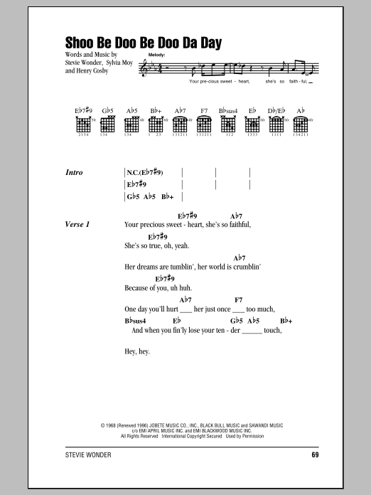 Stevie Wonder Shoo Be Doo Be Doo Da Day Sheet Music Notes & Chords for Lyrics & Chords - Download or Print PDF