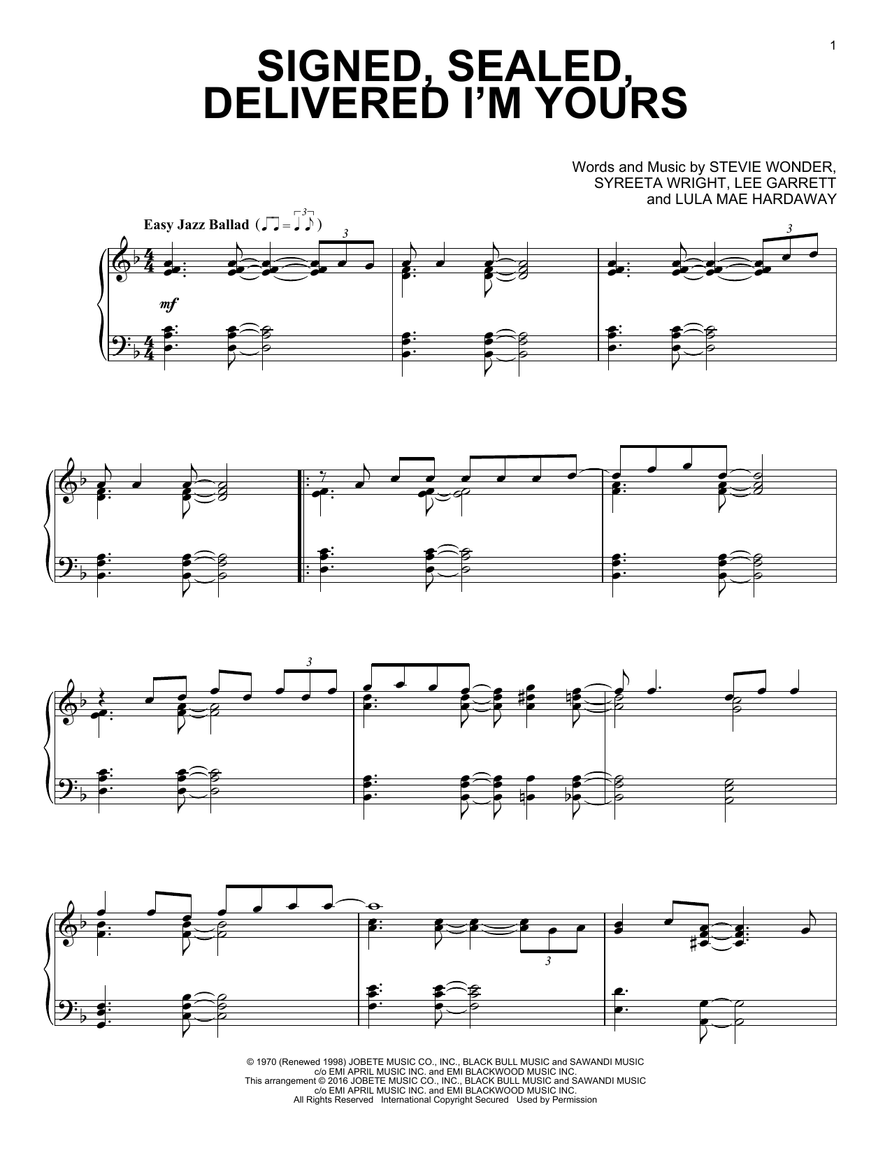 Stevie Wonder Signed, Sealed, Delivered I'm Yours [Jazz version] Sheet Music Notes & Chords for Piano - Download or Print PDF