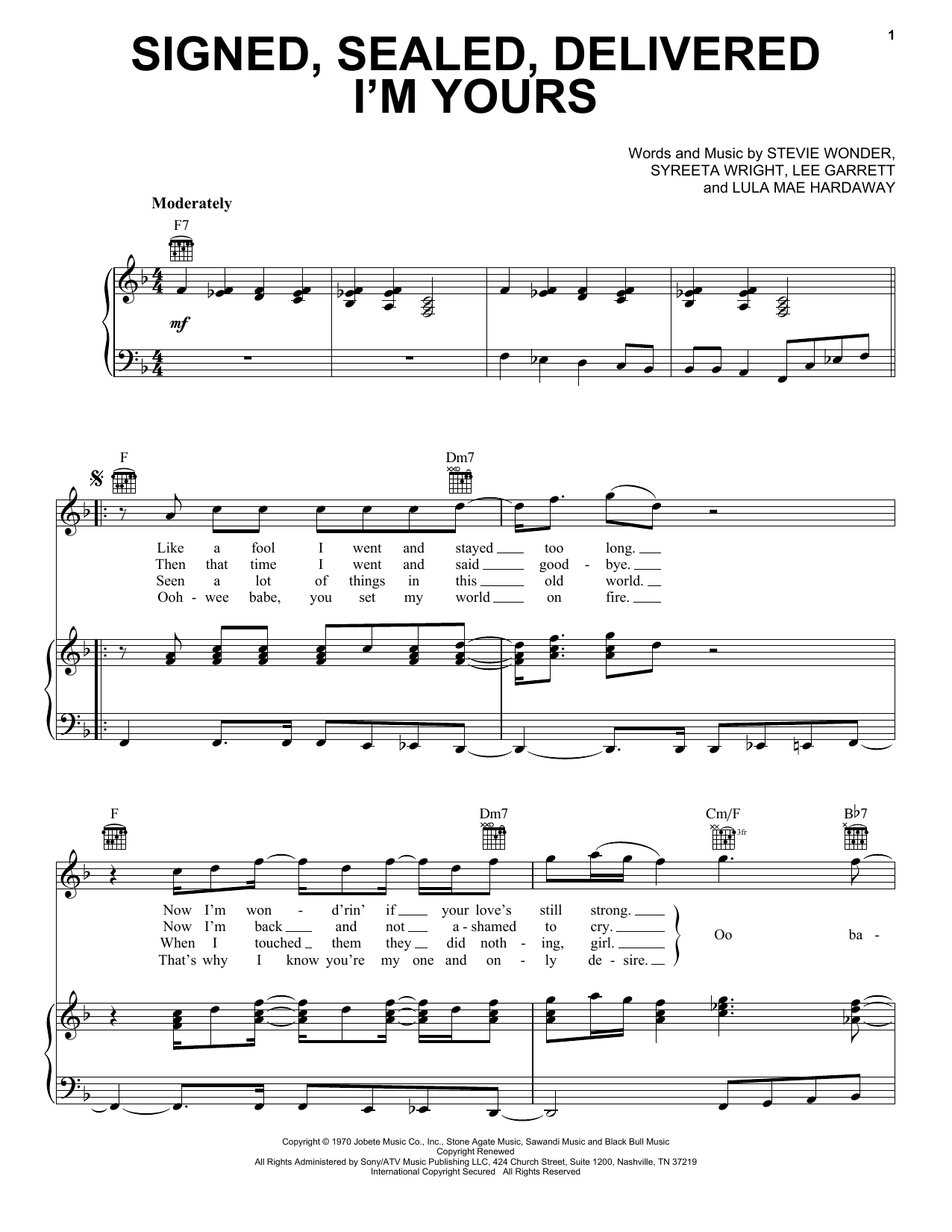 Stevie Wonder Signed, Sealed, Delivered I'm Yours Sheet Music Notes & Chords for Lyrics & Chords - Download or Print PDF