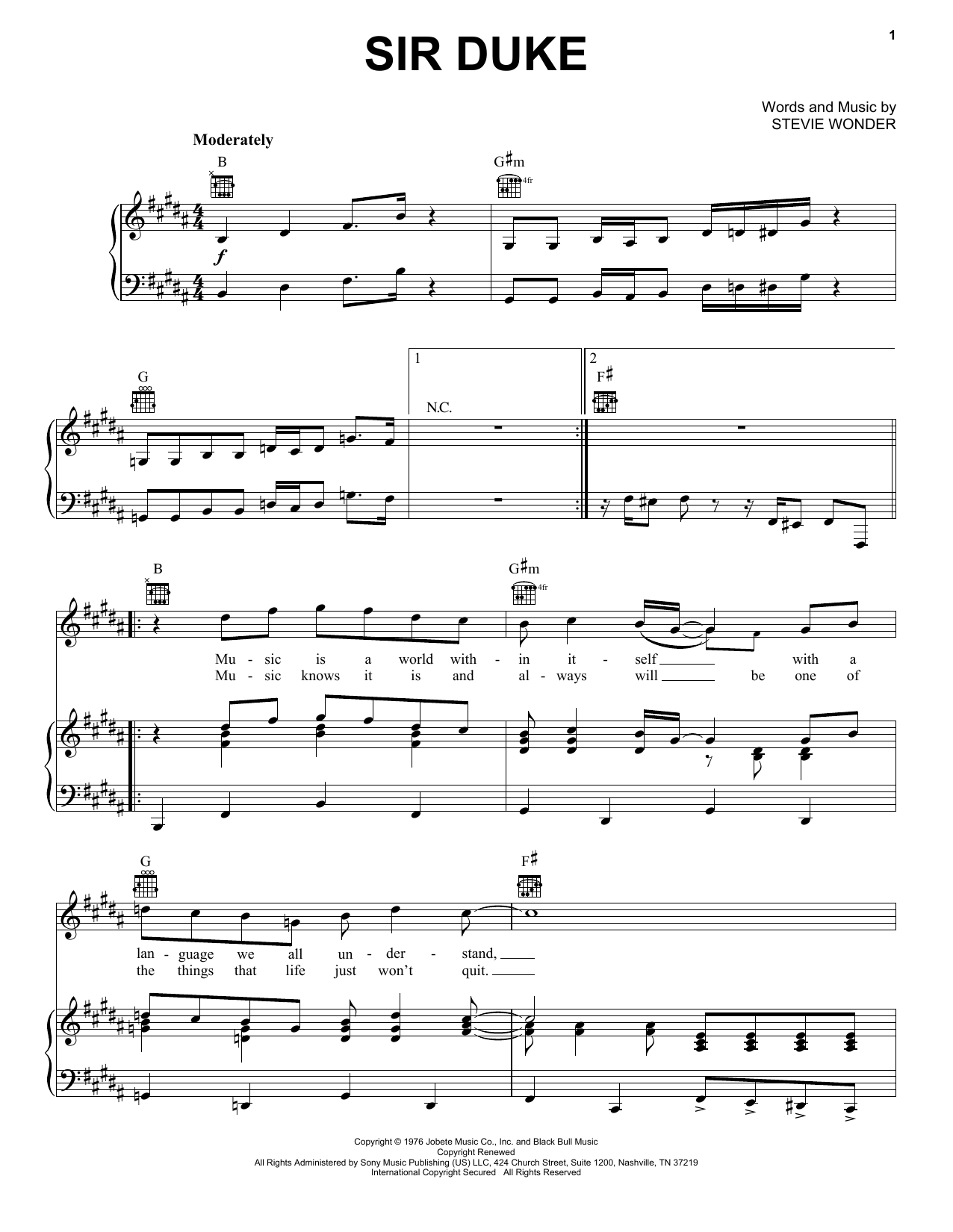 Stevie Wonder Sir Duke Sheet Music Notes & Chords for Piano, Vocal & Guitar (Right-Hand Melody) - Download or Print PDF