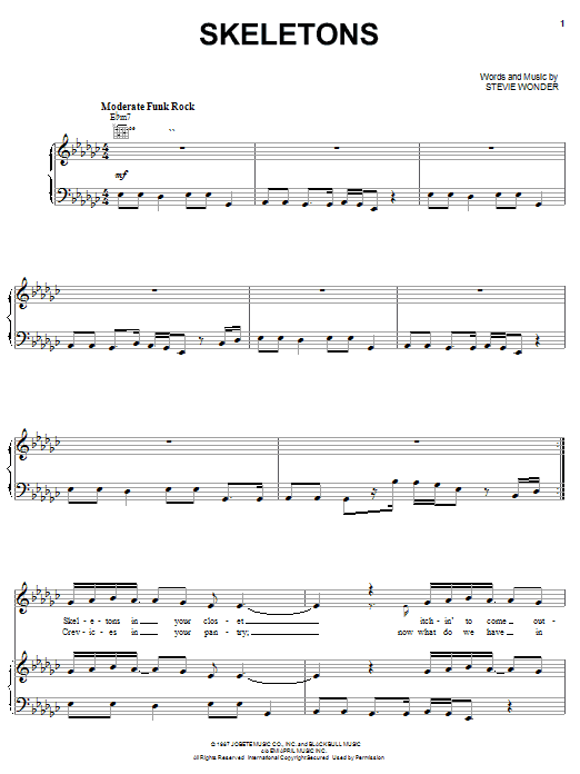 Stevie Wonder Skeletons Sheet Music Notes & Chords for Piano, Vocal & Guitar (Right-Hand Melody) - Download or Print PDF