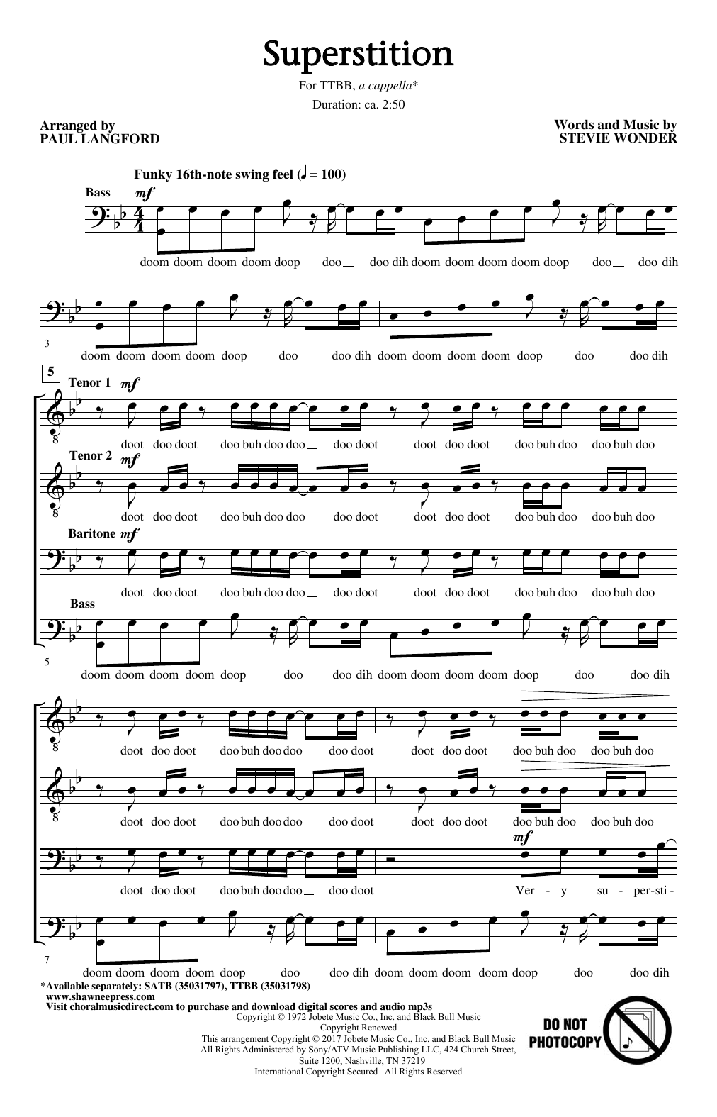 Stevie Wonder Superstition (arr. Paul Langford) Sheet Music Notes & Chords for TTBB - Download or Print PDF