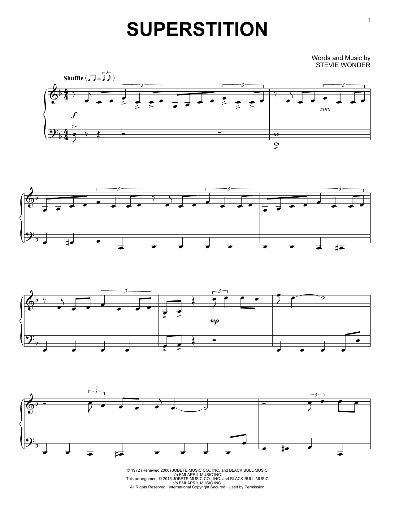 Stevie Wonder Superstition [Jazz version] Sheet Music Notes & Chords for Piano - Download or Print PDF