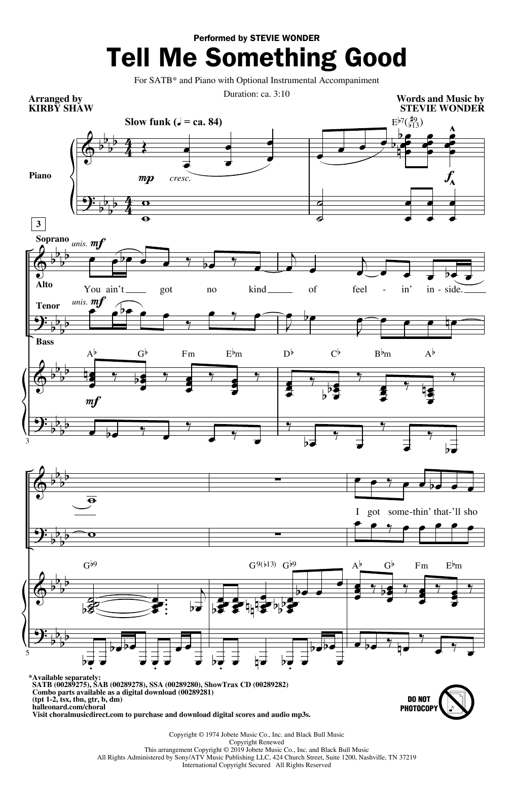 Stevie Wonder Tell Me Something Good (arr. Kirby Shaw) Sheet Music Notes & Chords for SAB Choir - Download or Print PDF