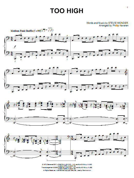 Stevie Wonder Too High Sheet Music Notes & Chords for Piano - Download or Print PDF
