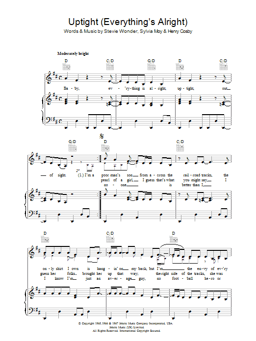Stevie Wonder Uptight (Everything's Alright) Sheet Music Notes & Chords for Lyrics & Chords - Download or Print PDF