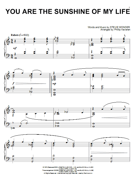 Stevie Wonder You Are The Sunshine Of My Life Sheet Music Notes & Chords for Piano - Download or Print PDF