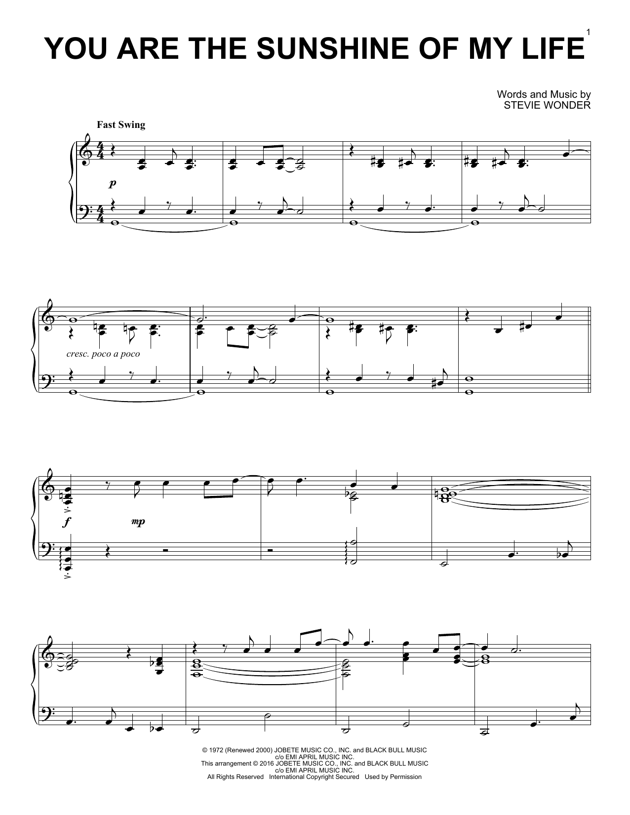 Stevie Wonder You Are The Sunshine Of My Life [Jazz version] Sheet Music Notes & Chords for Piano - Download or Print PDF