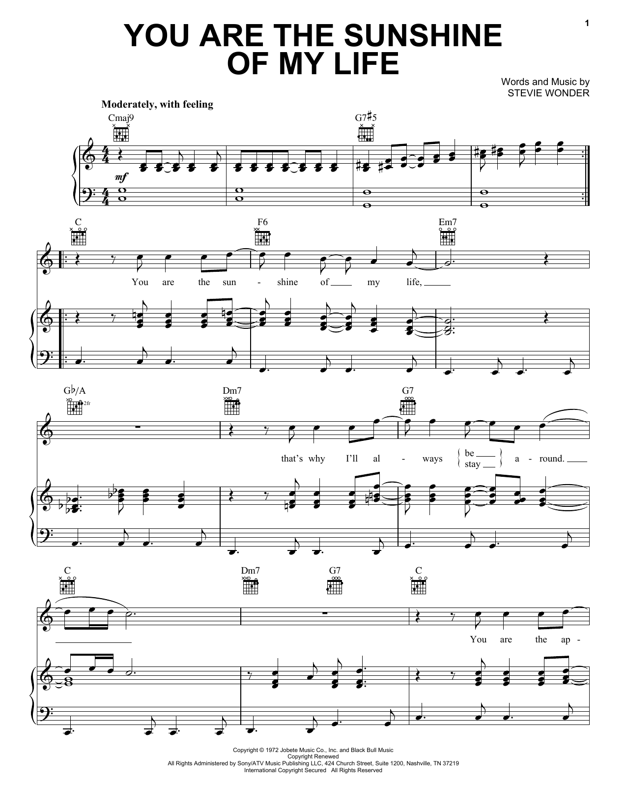Stevie Wonder You Are The Sunshine Of My Life Sheet Music Notes & Chords for Melody Line, Lyrics & Chords - Download or Print PDF