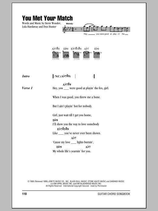 Stevie Wonder You Met Your Match Sheet Music Notes & Chords for Lyrics & Chords - Download or Print PDF