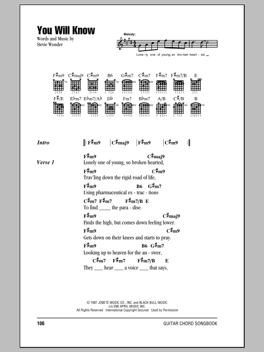 Stevie Wonder You Will Know Sheet Music Notes & Chords for Piano, Vocal & Guitar Chords (Right-Hand Melody) - Download or Print PDF