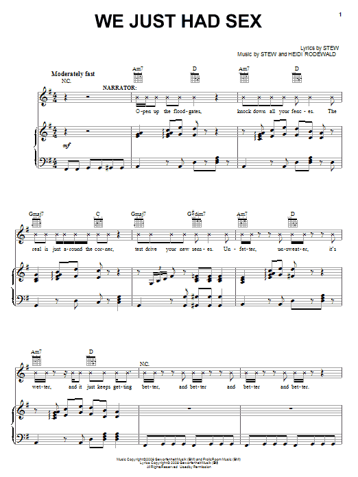 Stew We Just Had Sex Sheet Music Notes & Chords for Piano, Vocal & Guitar (Right-Hand Melody) - Download or Print PDF