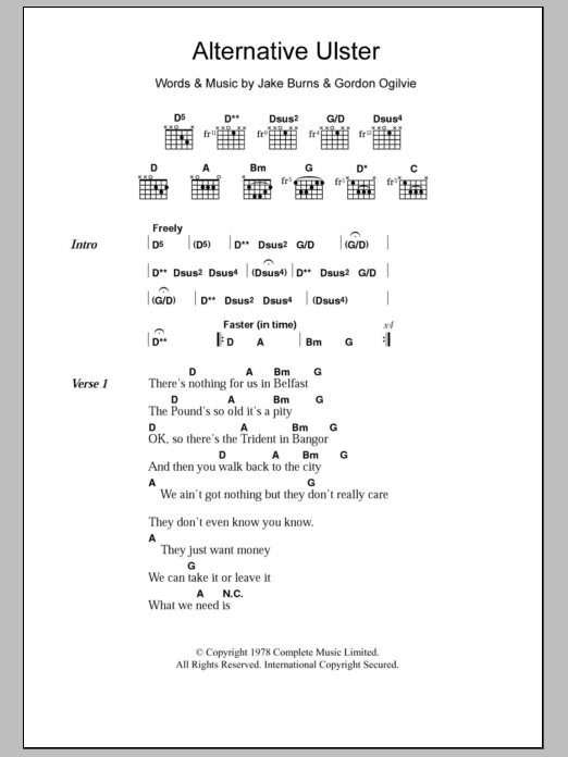 Stiff Little Fingers Alternative Ulster Sheet Music Notes & Chords for Lyrics & Chords - Download or Print PDF