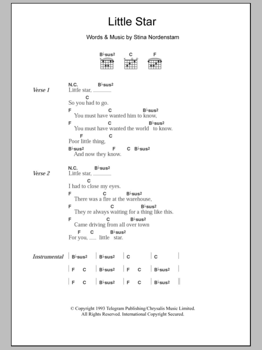 Stina Nordenstam Little Star Sheet Music Notes & Chords for Lyrics & Piano Chords - Download or Print PDF