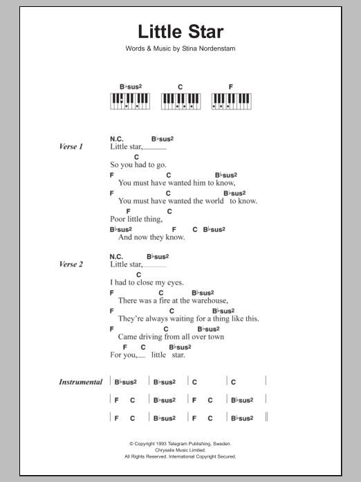 Stina Nordenstam Little Star Sheet Music Notes & Chords for Lyrics & Piano Chords - Download or Print PDF