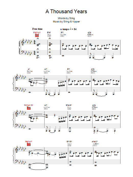 Sting A Thousand Years Sheet Music Notes & Chords for Piano, Vocal & Guitar (Right-Hand Melody) - Download or Print PDF