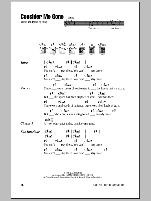 Sting Consider Me Gone Sheet Music Notes & Chords for Piano, Vocal & Guitar (Right-Hand Melody) - Download or Print PDF