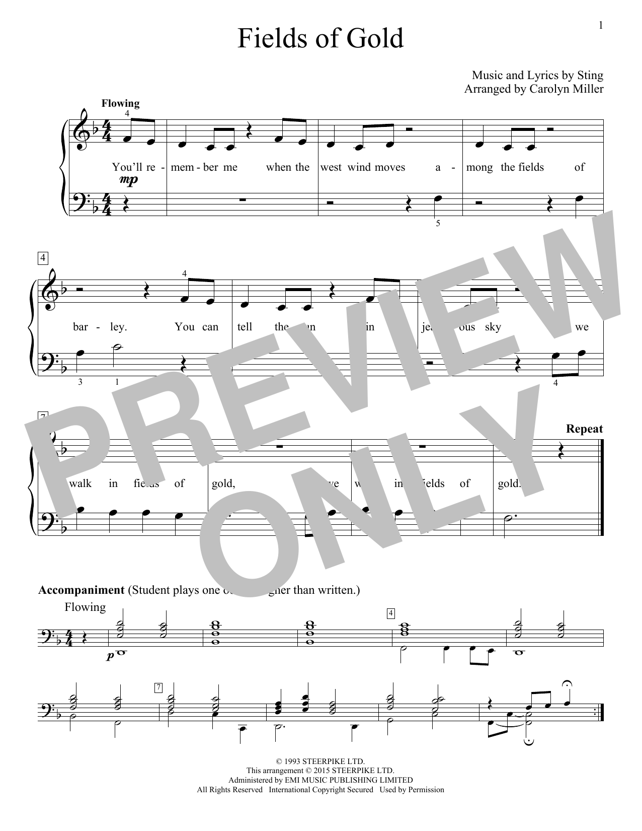 Sting Fields Of Gold (arr. Carolyn Miller) Sheet Music Notes & Chords for Educational Piano - Download or Print PDF