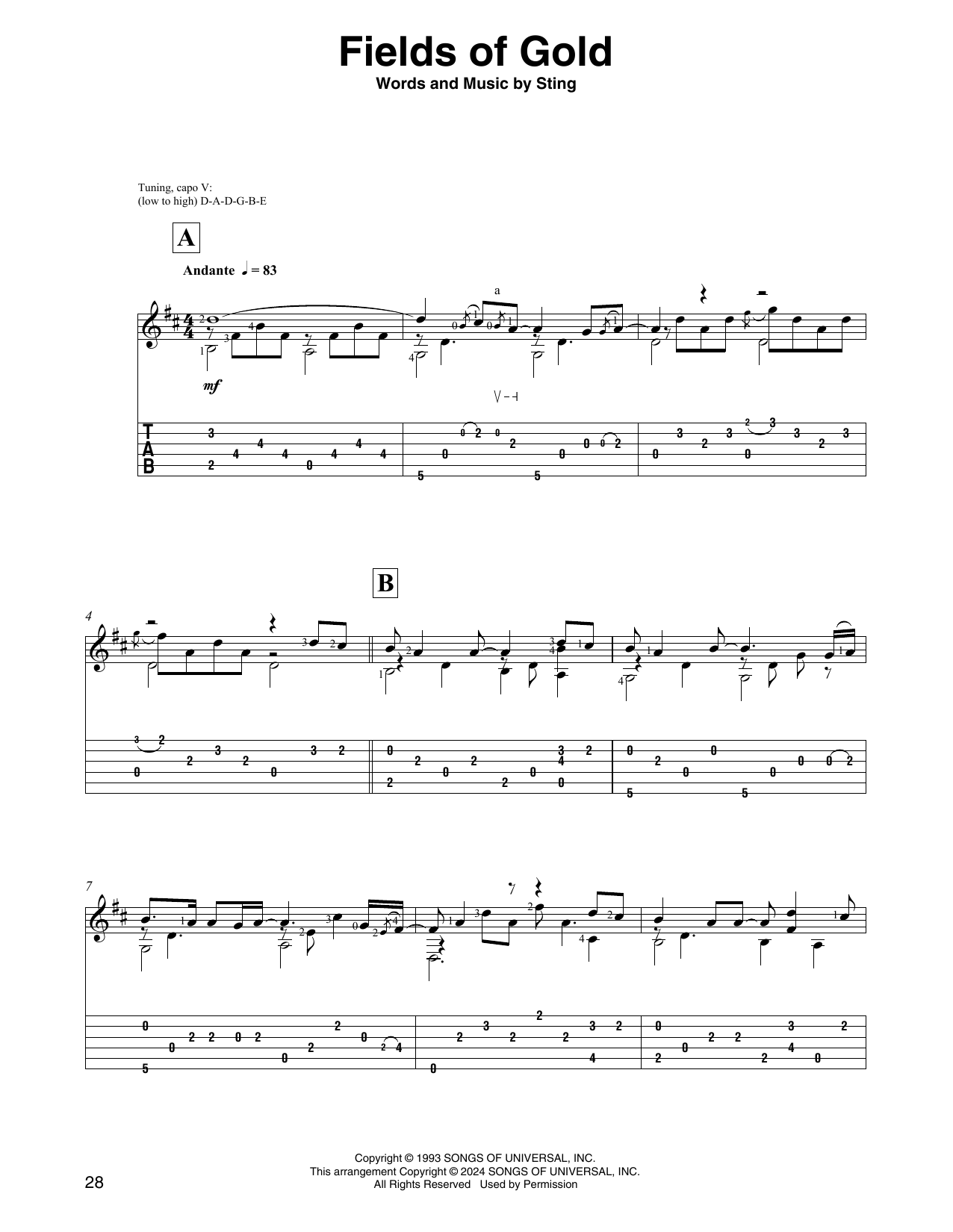 Sting Fields Of Gold (arr. David Jaggs) Sheet Music Notes & Chords for Solo Guitar - Download or Print PDF