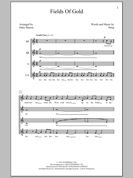 Sting Fields Of Gold (arr. Deke Sharon) Sheet Music Notes & Chords for SSA - Download or Print PDF