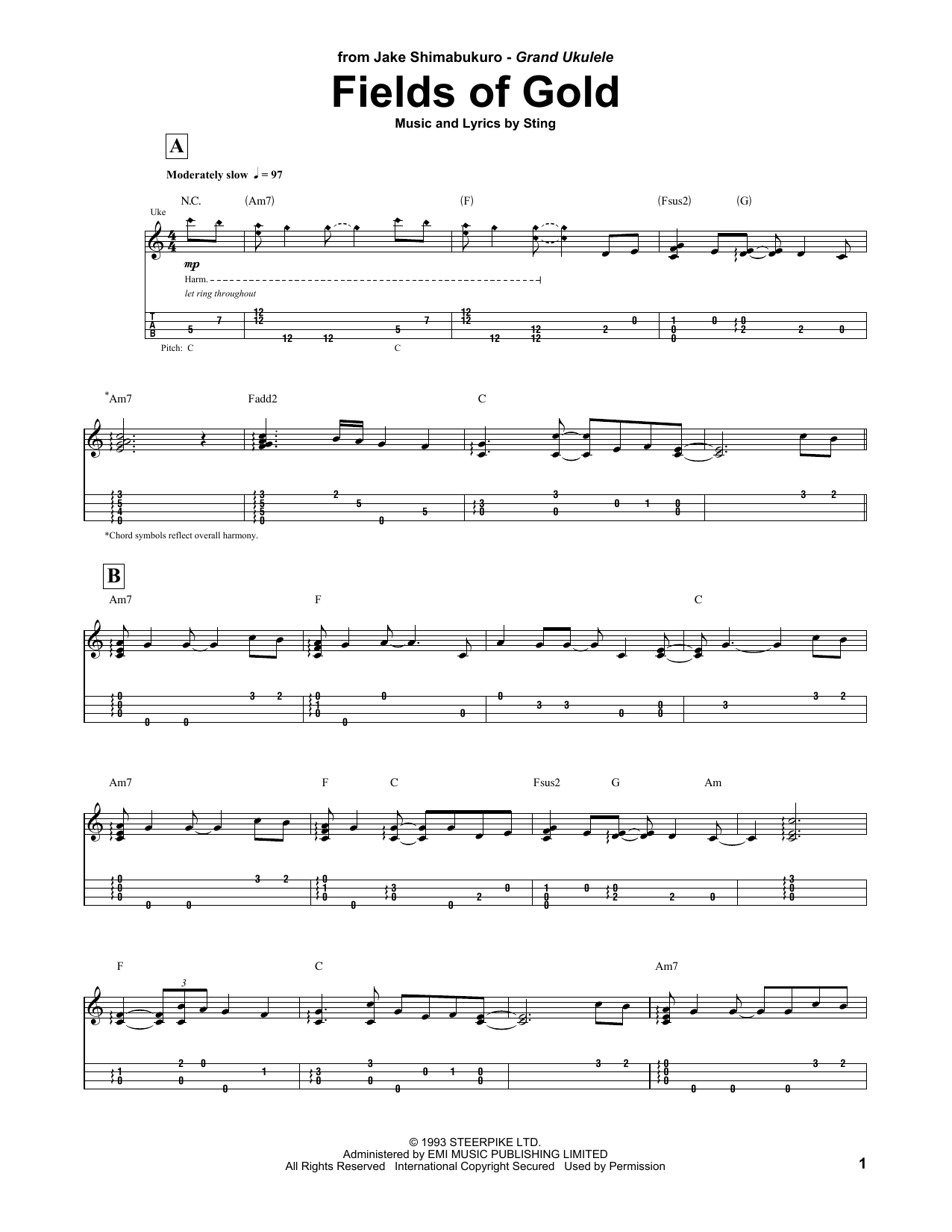 Sting Fields Of Gold (arr. Jake Shimabukuro) Sheet Music Notes & Chords for UKETAB - Download or Print PDF
