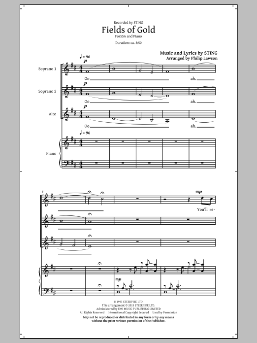 Sting Fields Of Gold (arr. Philip Lawson) Sheet Music Notes & Chords for SATB - Download or Print PDF