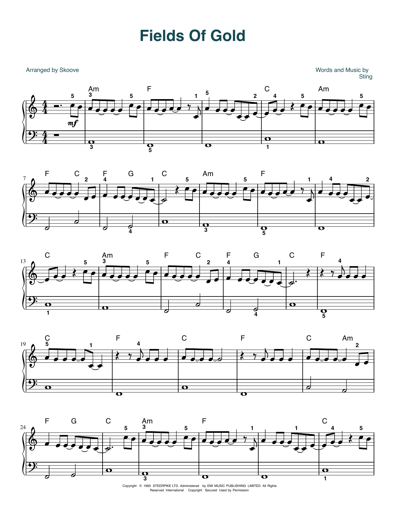 Sting Fields Of Gold (arr. Skoove) Sheet Music Notes & Chords for Easy Piano - Download or Print PDF