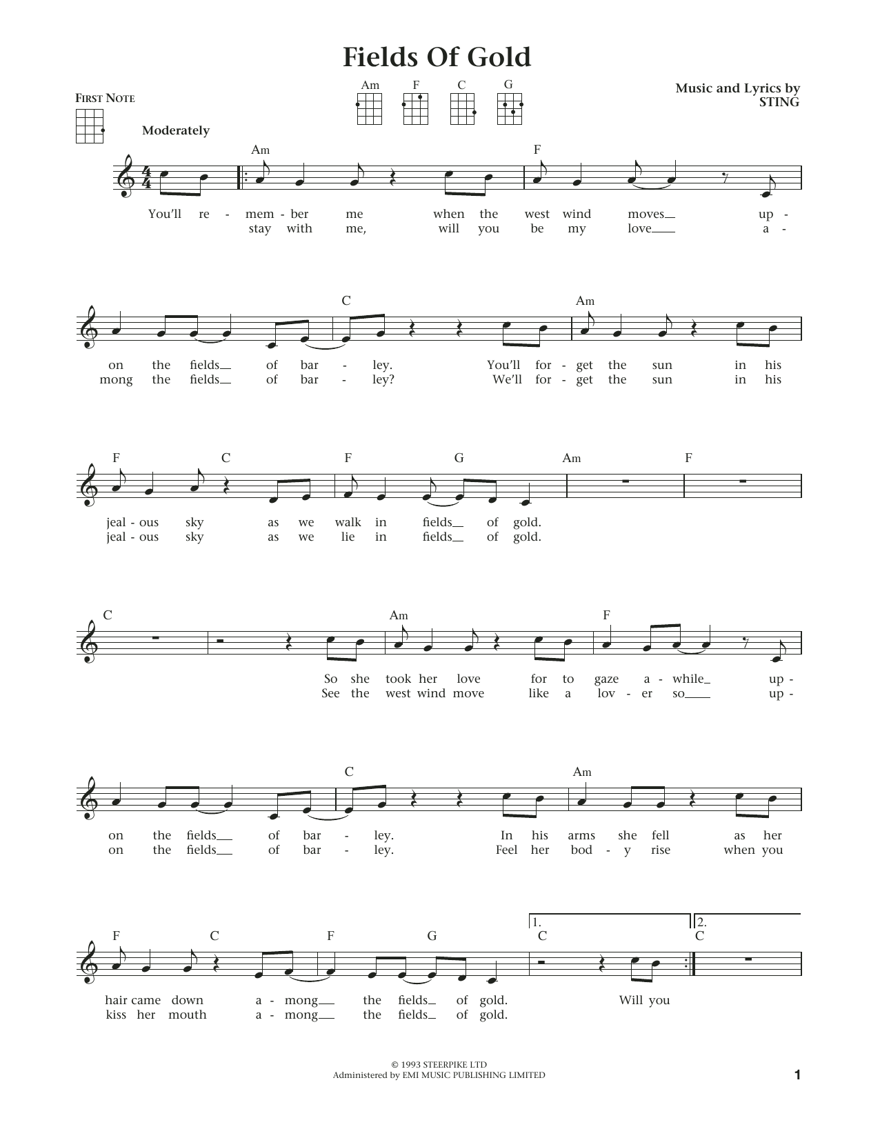 Sting Fields Of Gold (from The Daily Ukulele) (arr. Liz and Jim Beloff) Sheet Music Notes & Chords for Ukulele - Download or Print PDF