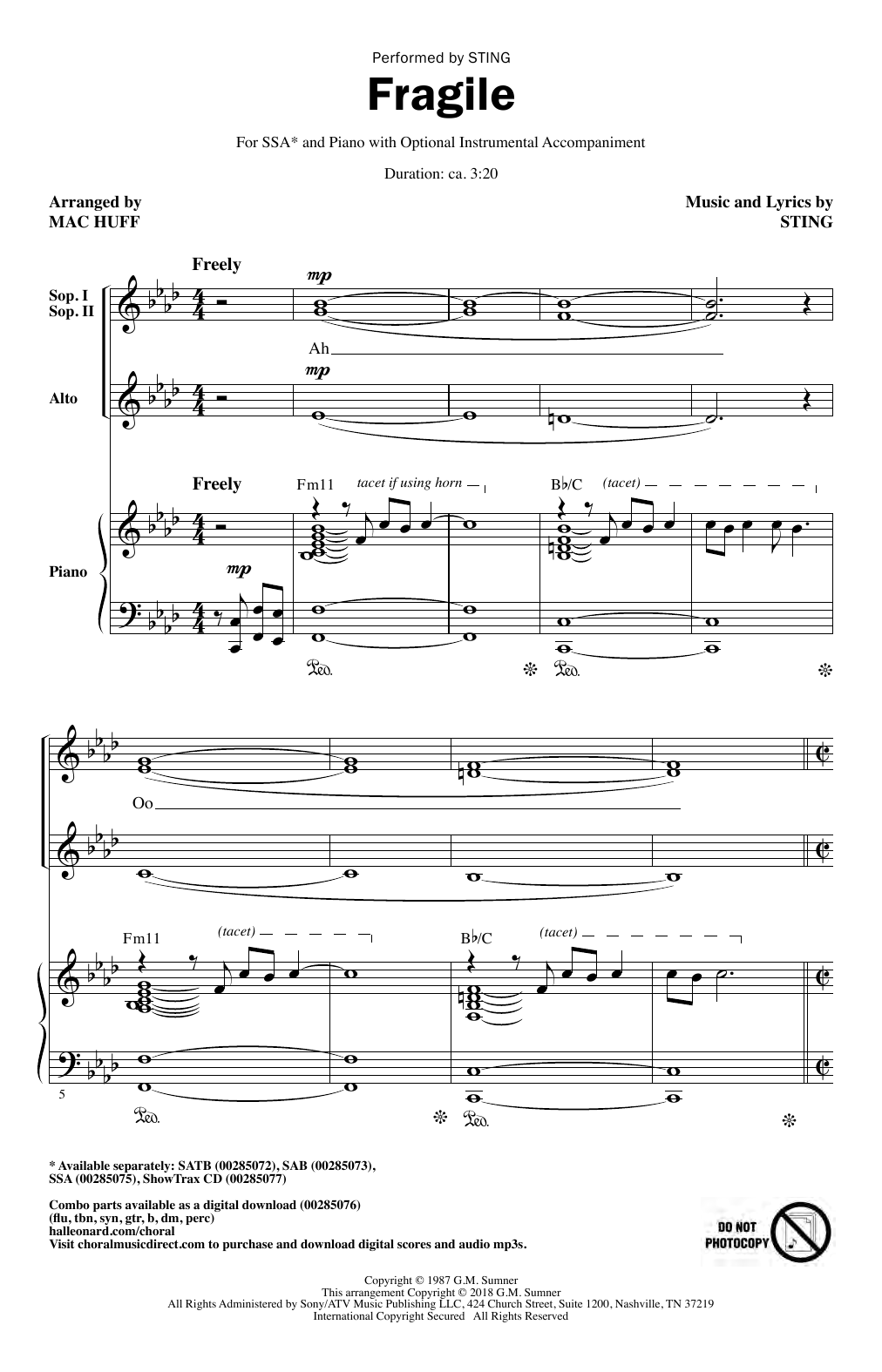 Sting Fragile (arr. Mac Huff) Sheet Music Notes & Chords for SSA Choir - Download or Print PDF