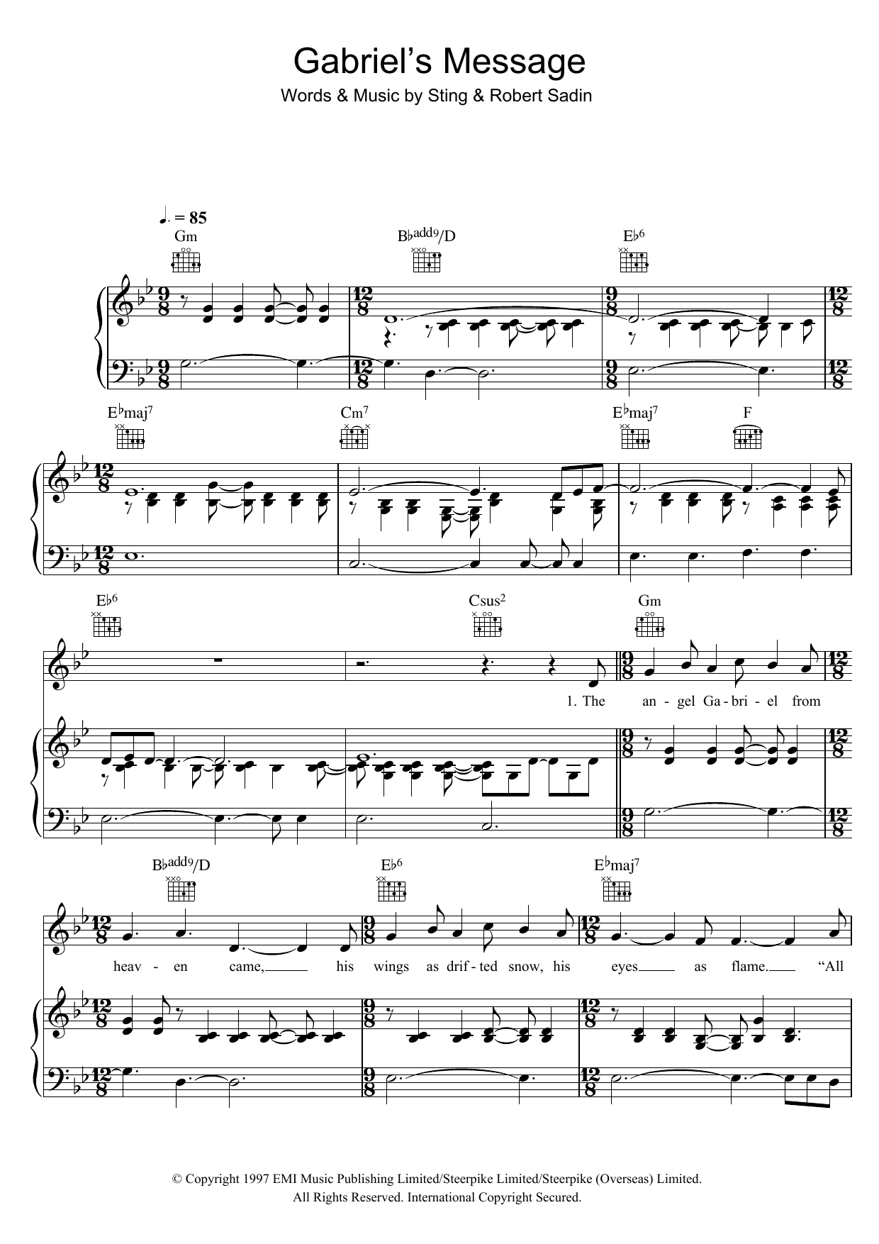 Sting Gabriel's Message Sheet Music Notes & Chords for Piano, Vocal & Guitar - Download or Print PDF