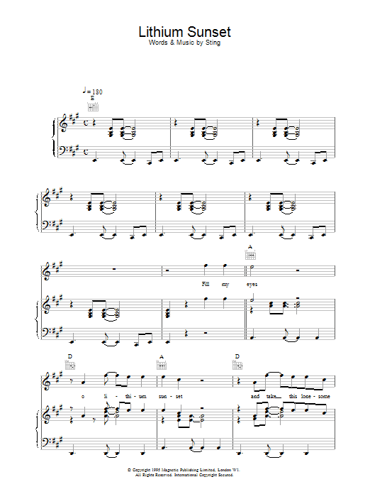 Sting Lithium Sunset Sheet Music Notes & Chords for Piano, Vocal & Guitar (Right-Hand Melody) - Download or Print PDF